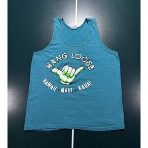 Vtg‎ 80s Hang Loose Hawaii Tank Top Shirt Large Teal Maui Kauai Surf Beach USA